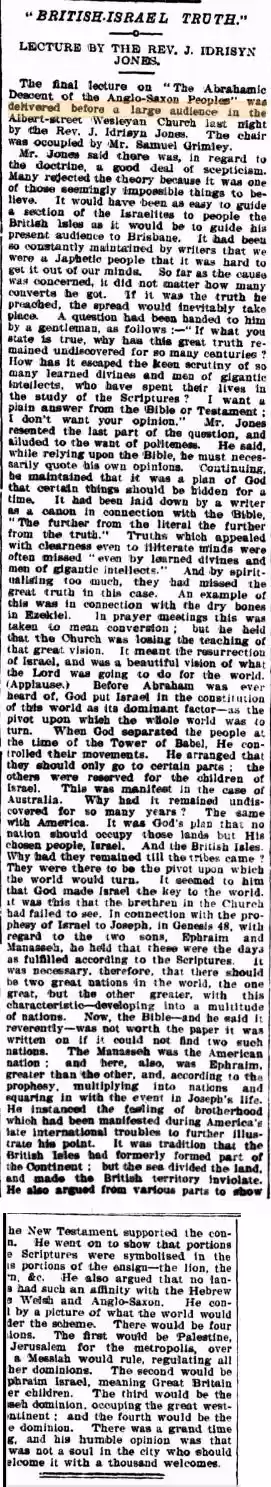 English-British-Israel Truth (Idrisyn Jones), Brisbane Courier, 30Dec1899